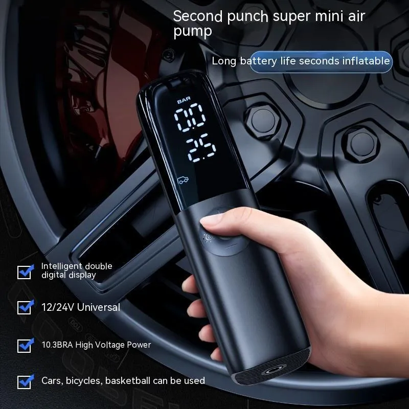 Black portable electric car air pump with tyre pressure gauge and plug