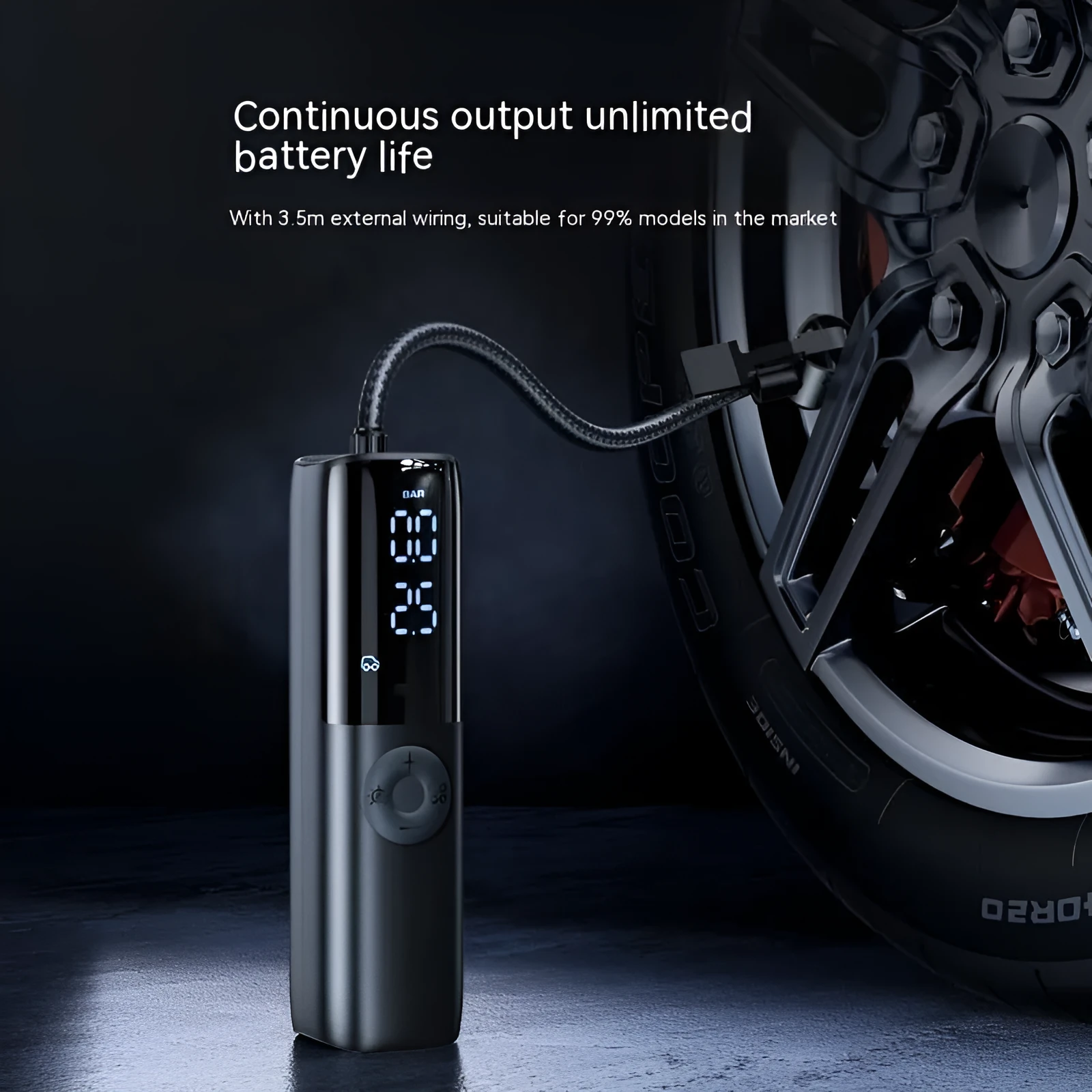 Black portable electric car air pump with tyre pressure gauge and plug