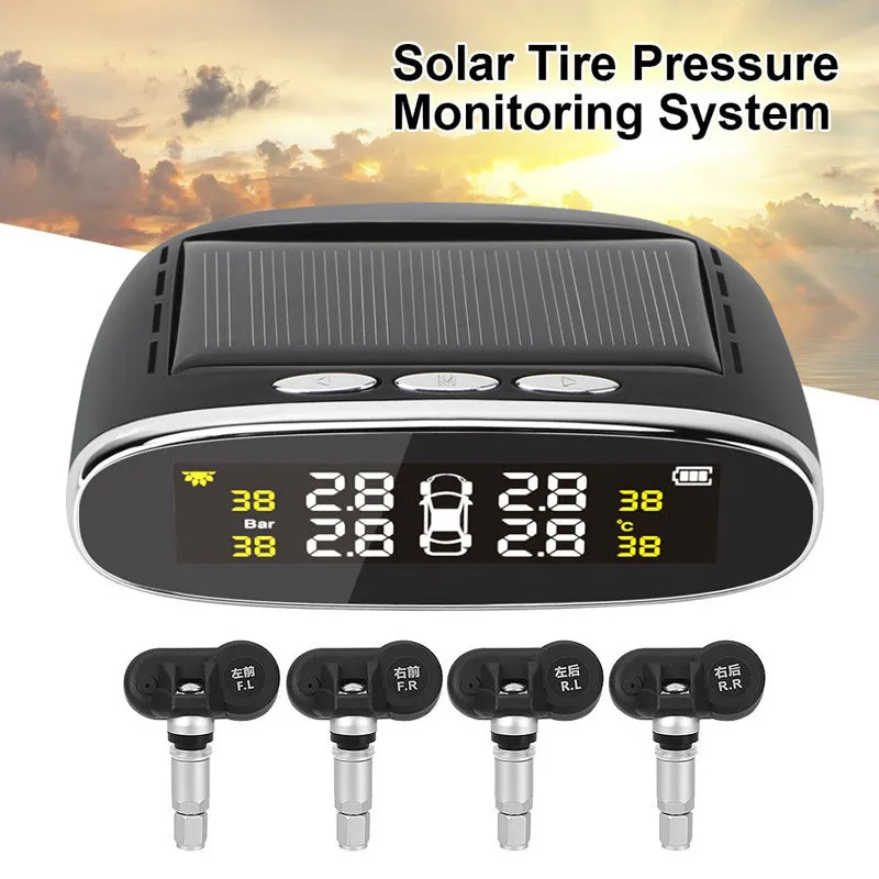 Elliptical display tyre pressure monitor with USB solar charging for cars, ABS sensor