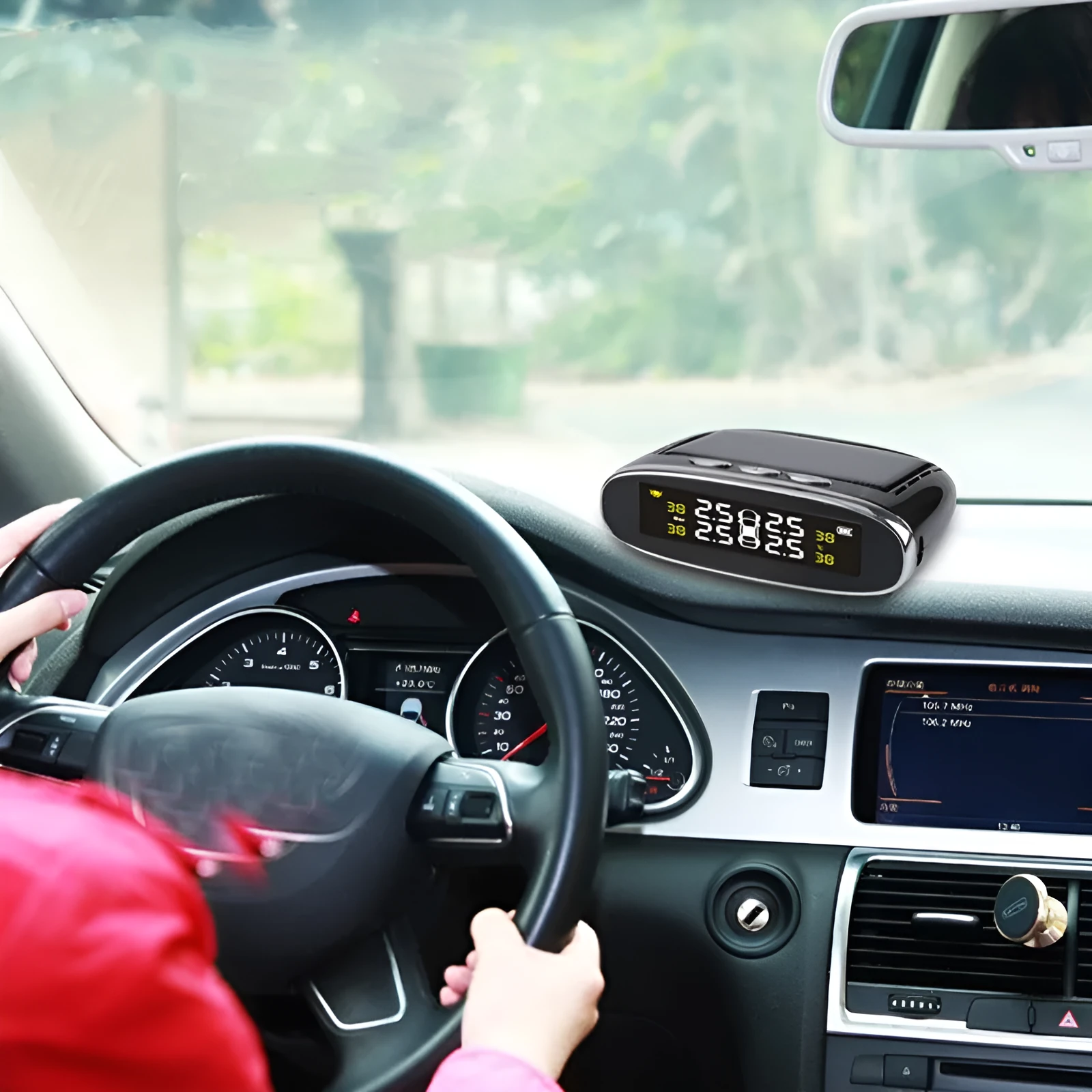 Elliptical display tyre pressure monitor with USB solar charging for cars, ABS sensor