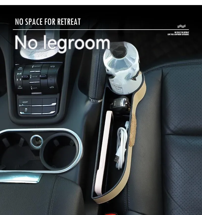 Leather car seat gap storage box with cartoon bear design hanging between vehicle seats