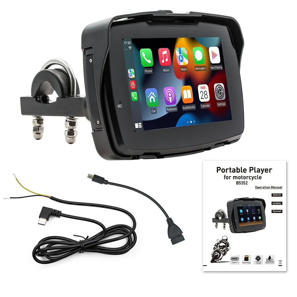 5-inch motorcycle MP5 player with wireless Carplay and reversing image, mounted on vehicle dashboard
