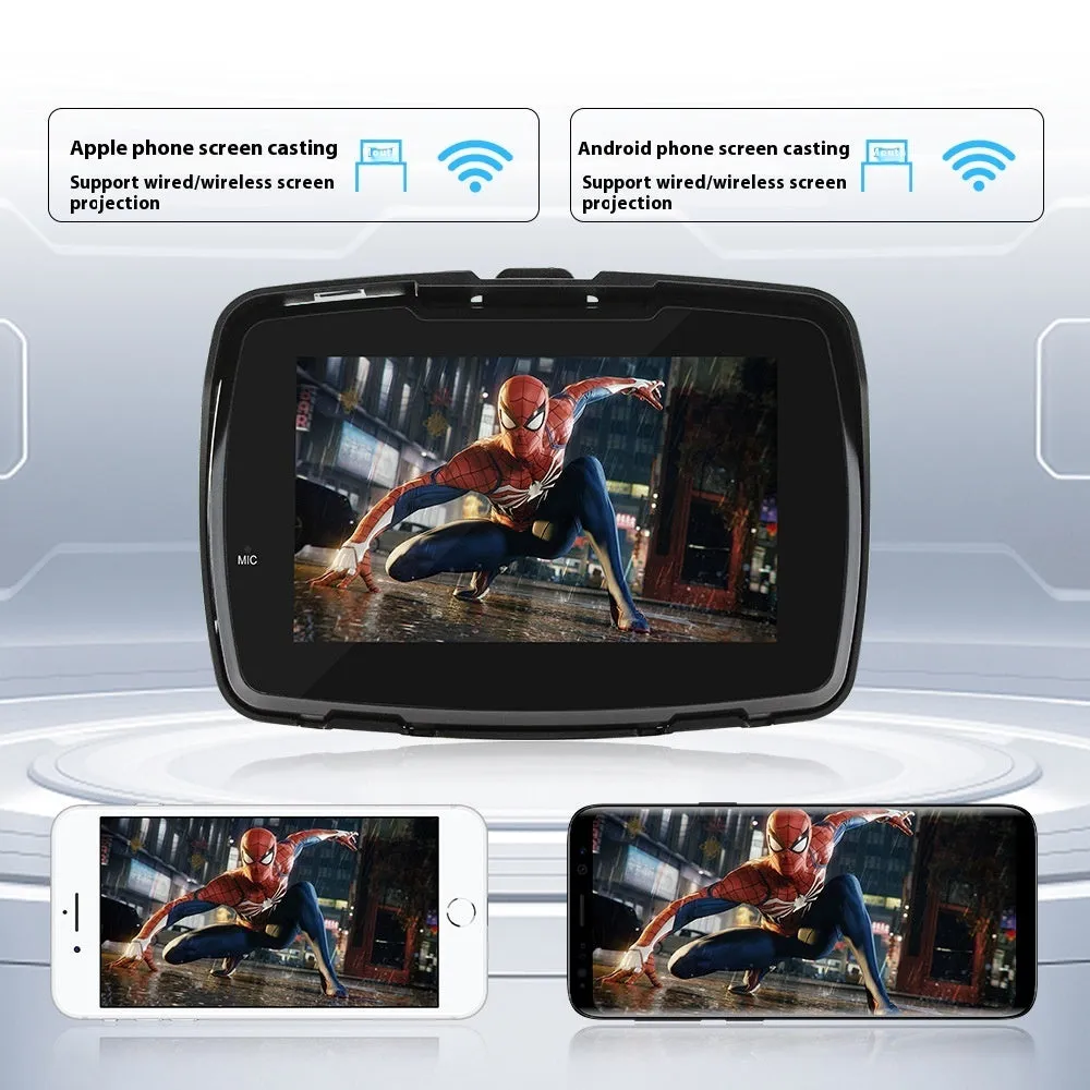 5-inch motorcycle MP5 player with wireless Carplay and reversing image, mounted on vehicle dashboard