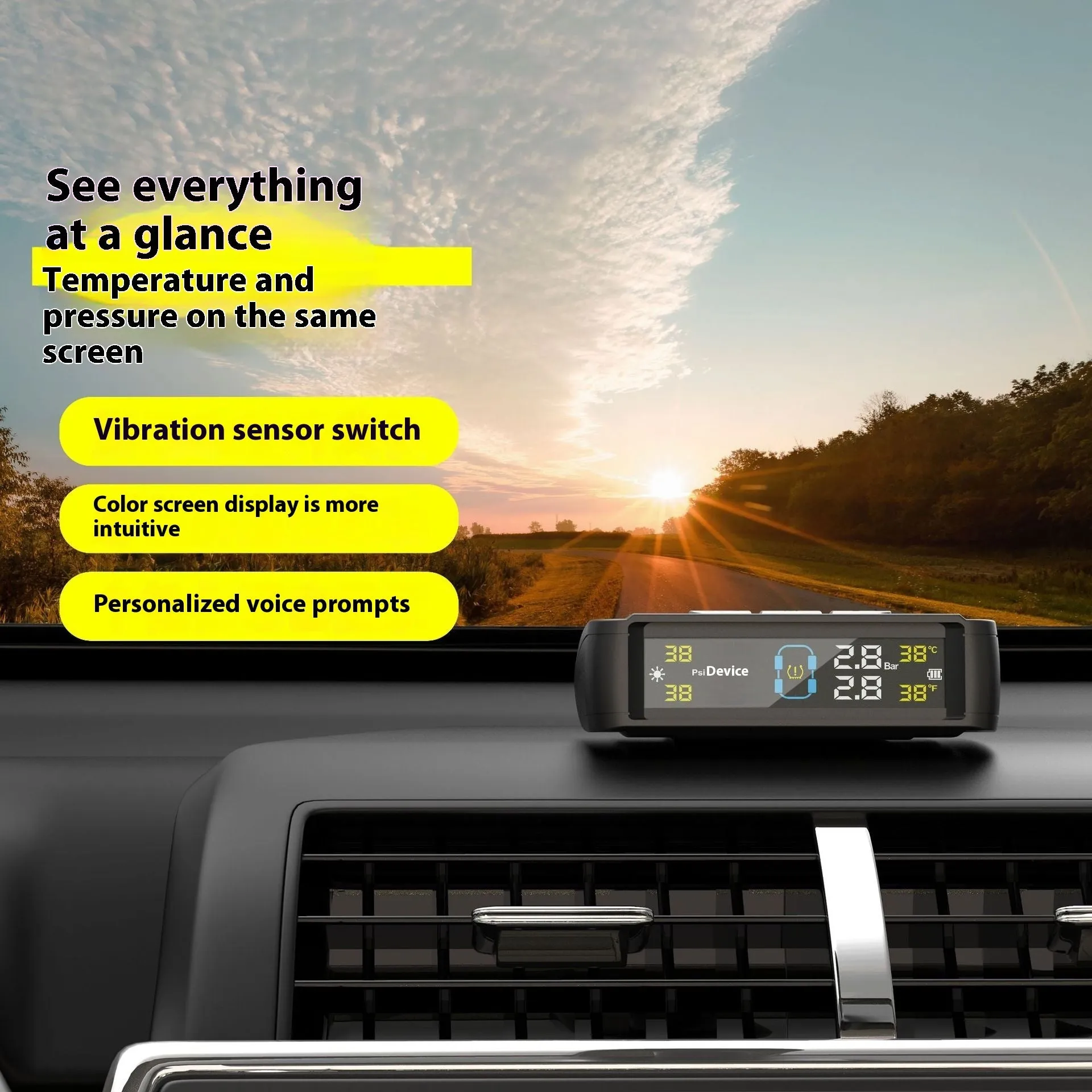 T11 tyre pressure monitor colour screen display showing tyre pressure and temperature data