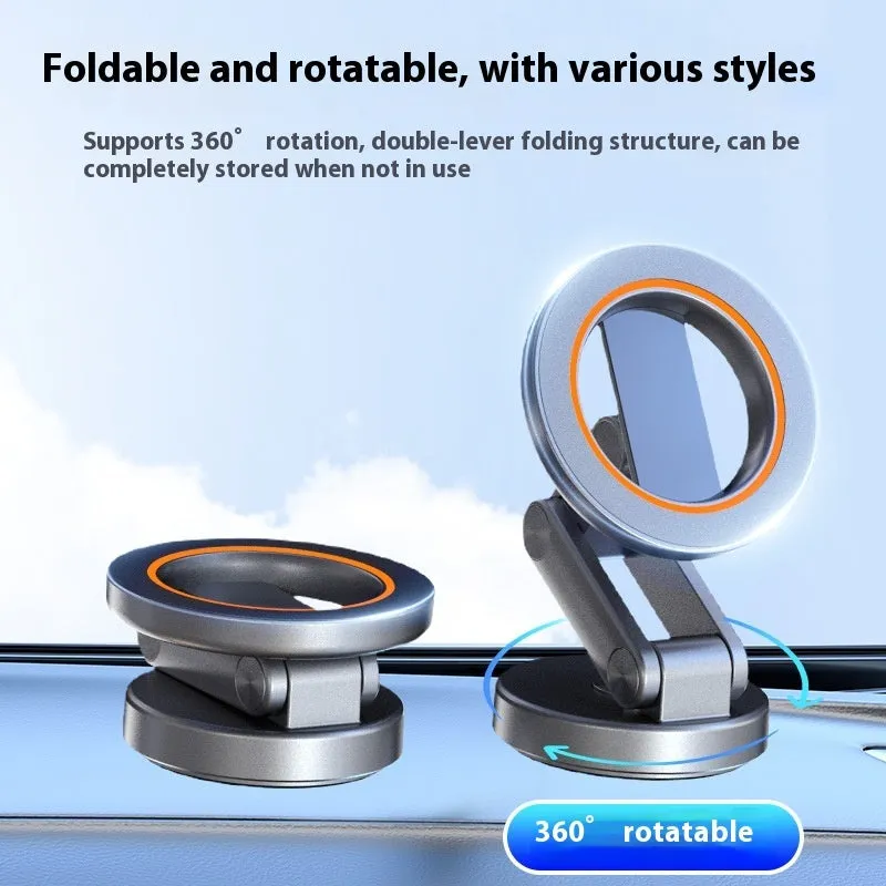 Universal folding car phone holder with black magnetic bracket on car dashboard