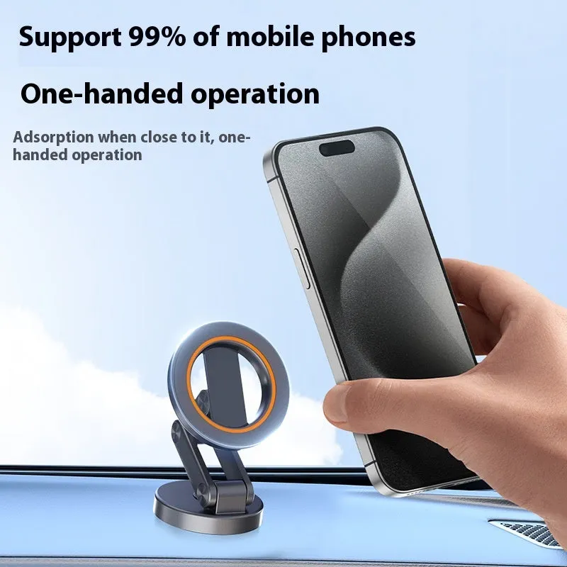Universal folding car phone holder with black magnetic bracket on car dashboard