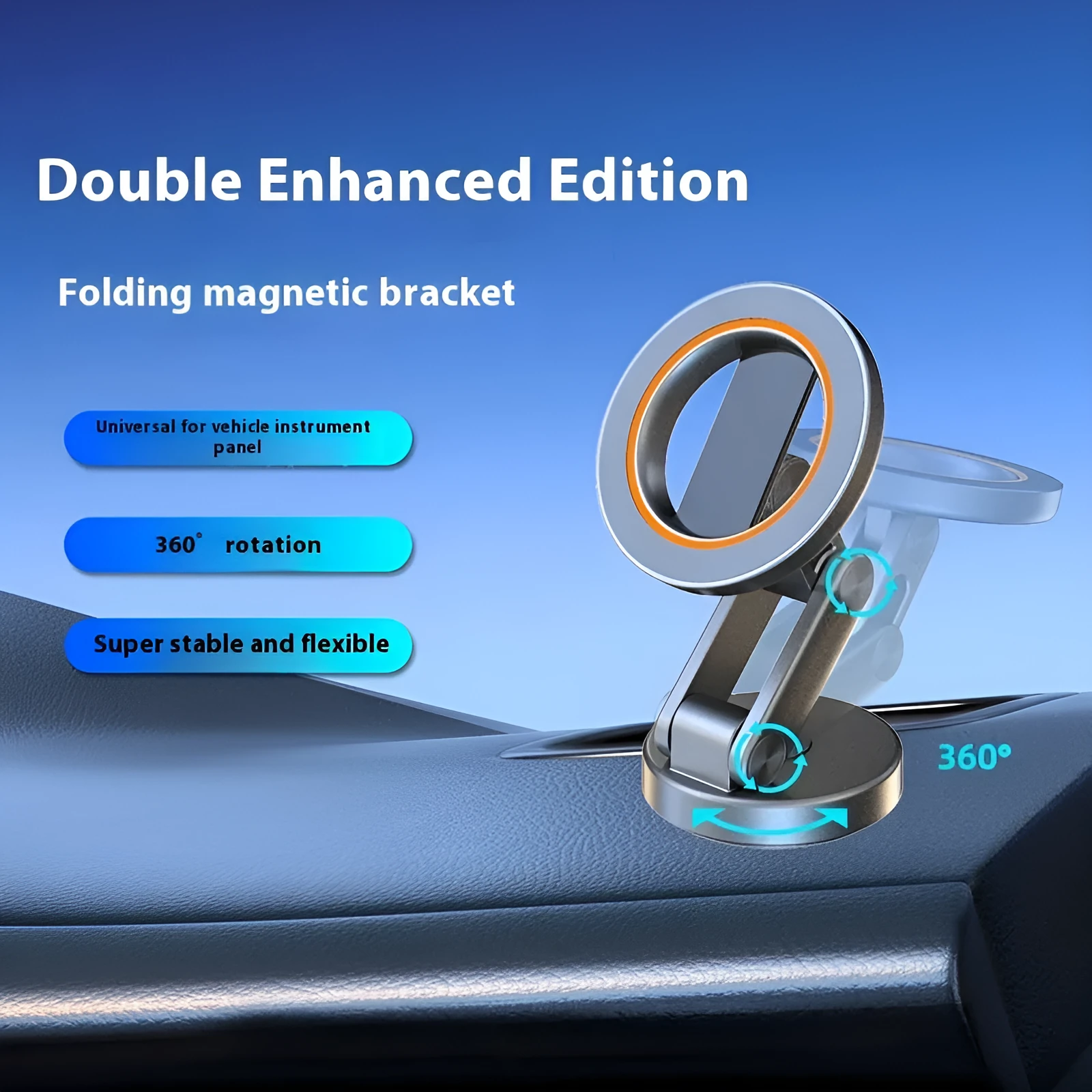 Universal folding car phone holder with black magnetic bracket on car dashboard