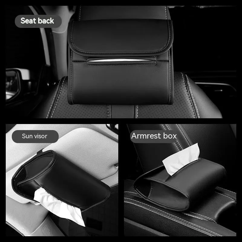 Leather car tissue box mounted on car sun visor with elastic band in Athens Brown colour
