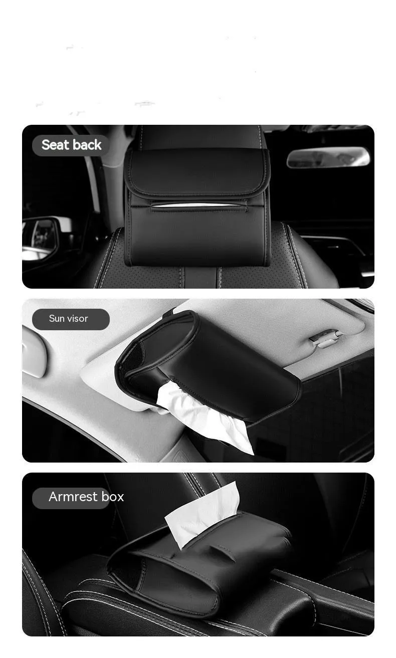 Leather car tissue box mounted on car sun visor with elastic band in Athens Brown colour