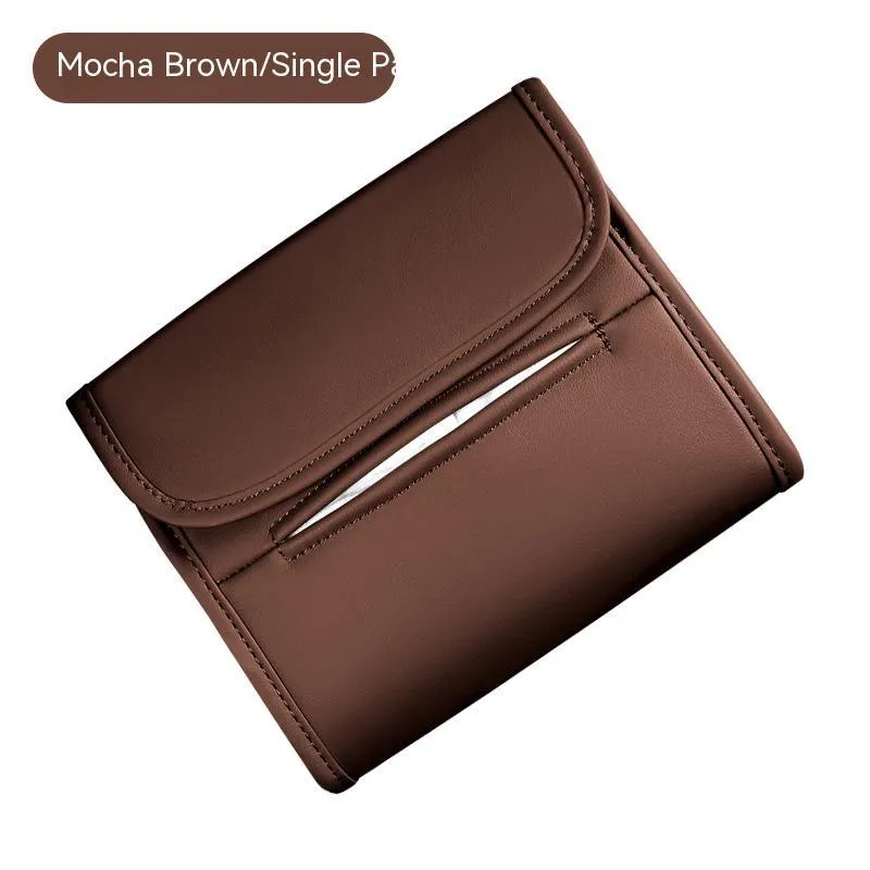 Leather car tissue box mounted on car sun visor with elastic band in Athens Brown colour