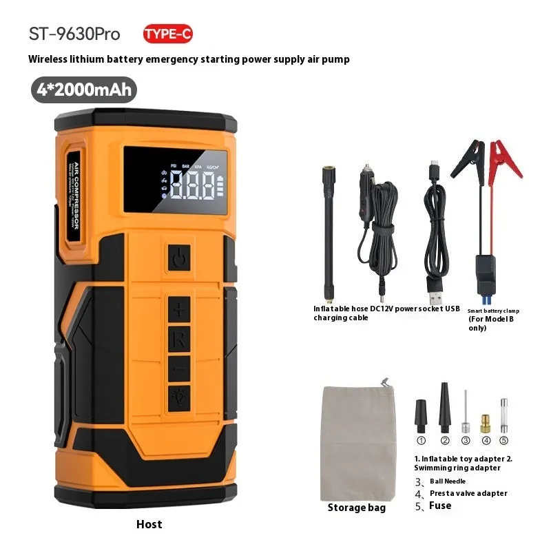 Black and yellow car jump starter with SOS light and Type-C charging cable