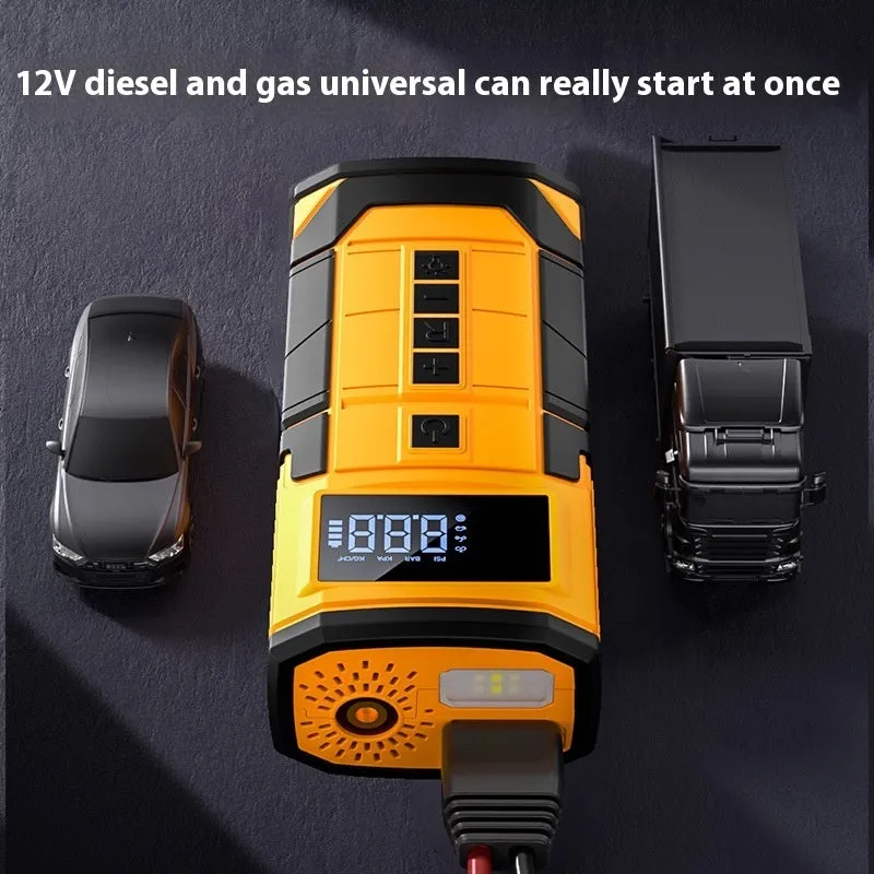 Black and yellow car jump starter with SOS light and Type-C charging cable