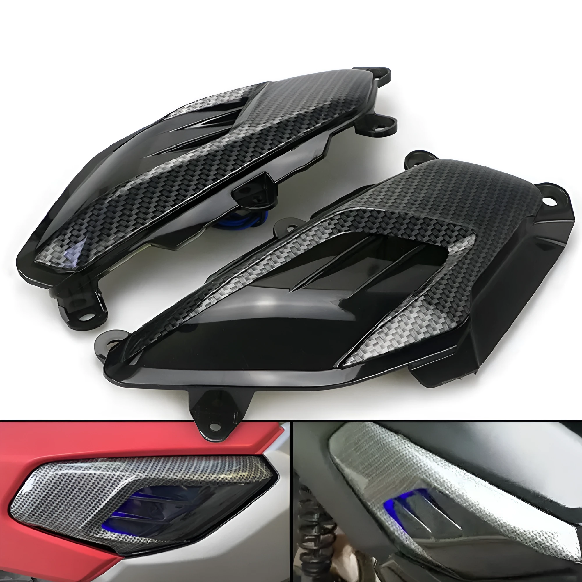 Pair of YAMAHA NMAX LED side lamps with carbon fibre trim, showing blue and red light options.