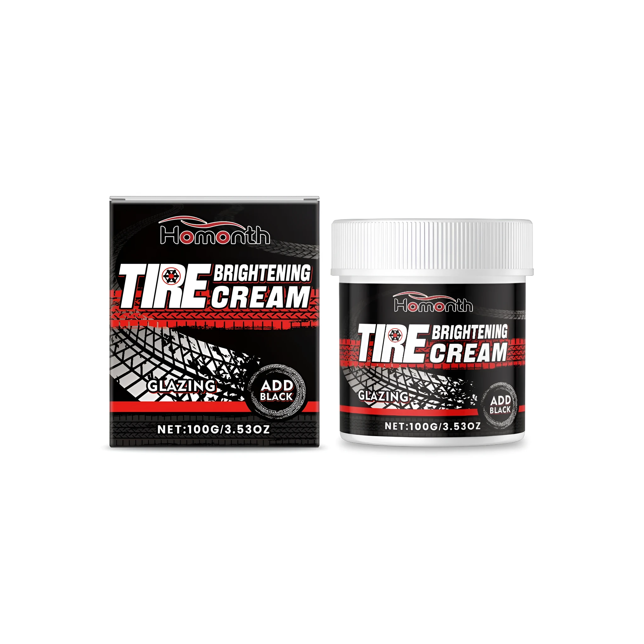 100g tube of tire brightening cream with beeswax on a car tyre sidewall