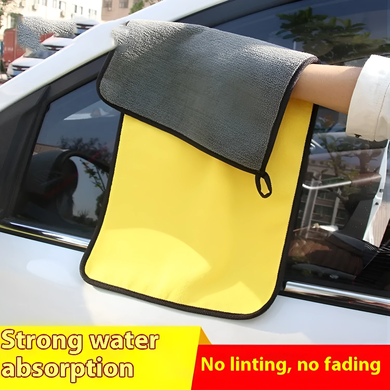 Traceless thickened microfiber car wash towel in yellow and grey, 30x60CM double-sided