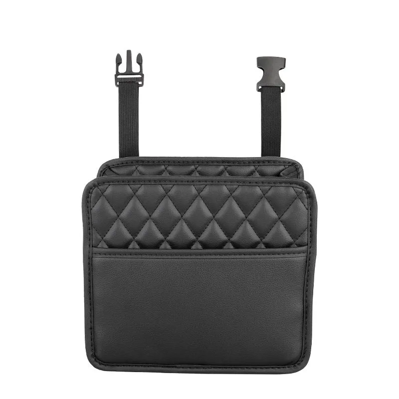 Black leather car interior hanging storage bag with straps measuring 25cm