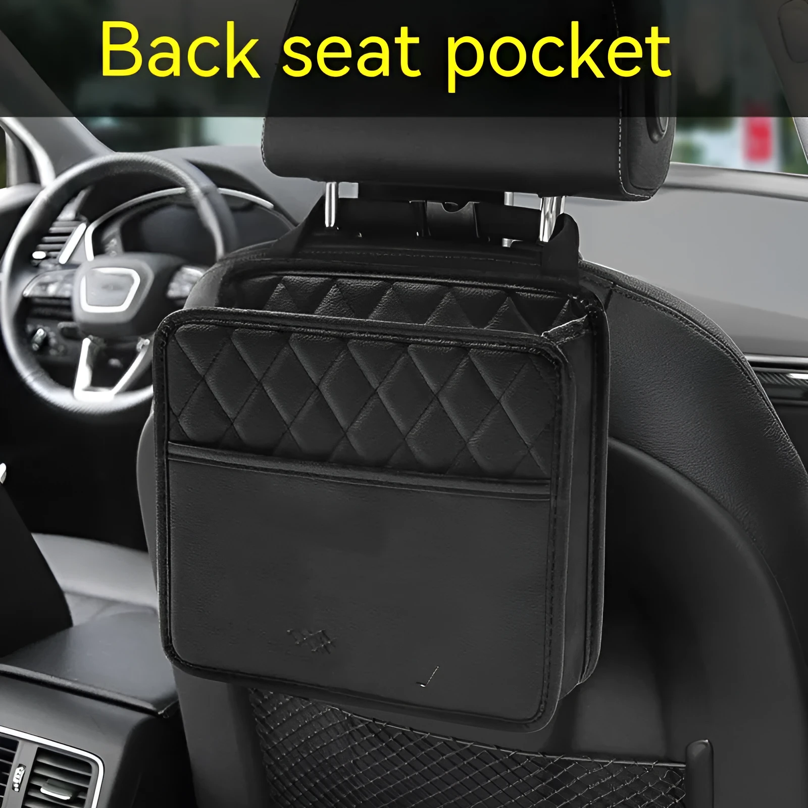 Black leather car interior hanging storage bag with straps measuring 25cm