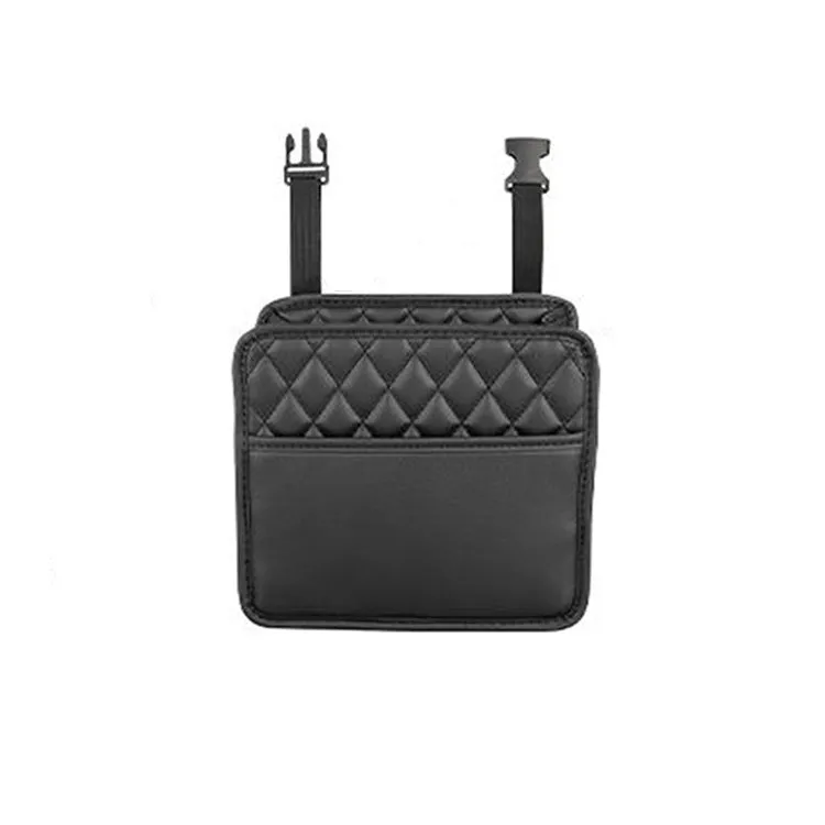 Black leather car interior hanging storage bag with straps measuring 25cm