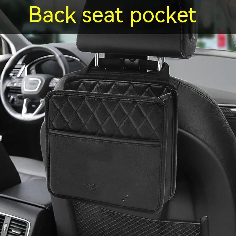 Black leather car interior hanging storage bag with straps measuring 25cm