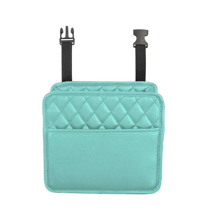 Black leather car interior hanging storage bag with straps measuring 25cm