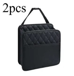Black leather car interior hanging storage bag with straps measuring 25cm