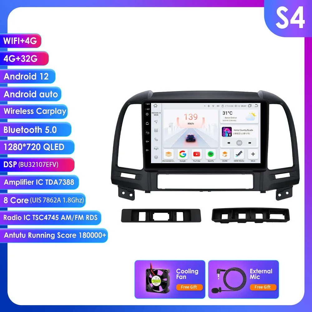 9 inch Android GPS navigation screen for Hyundai Santa Fe 2 2006-2012 with Carplay and octa core processor