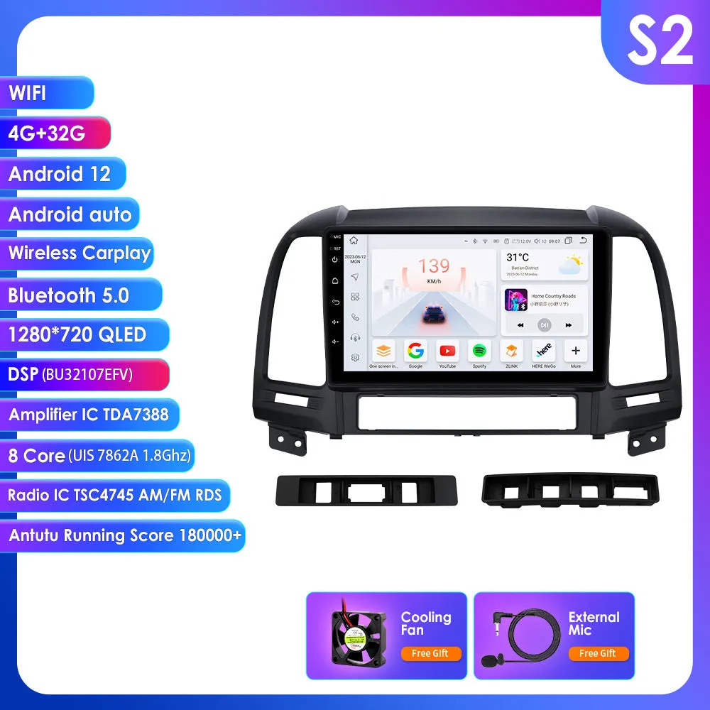 9 inch Android GPS navigation screen for Hyundai Santa Fe 2 2006-2012 with Carplay and octa core processor