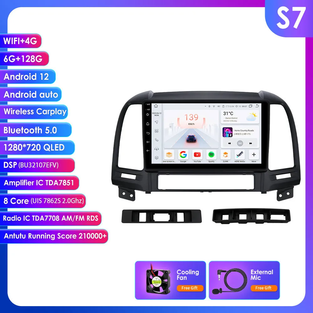 9 inch Android GPS navigation screen for Hyundai Santa Fe 2 2006-2012 with Carplay and octa core processor