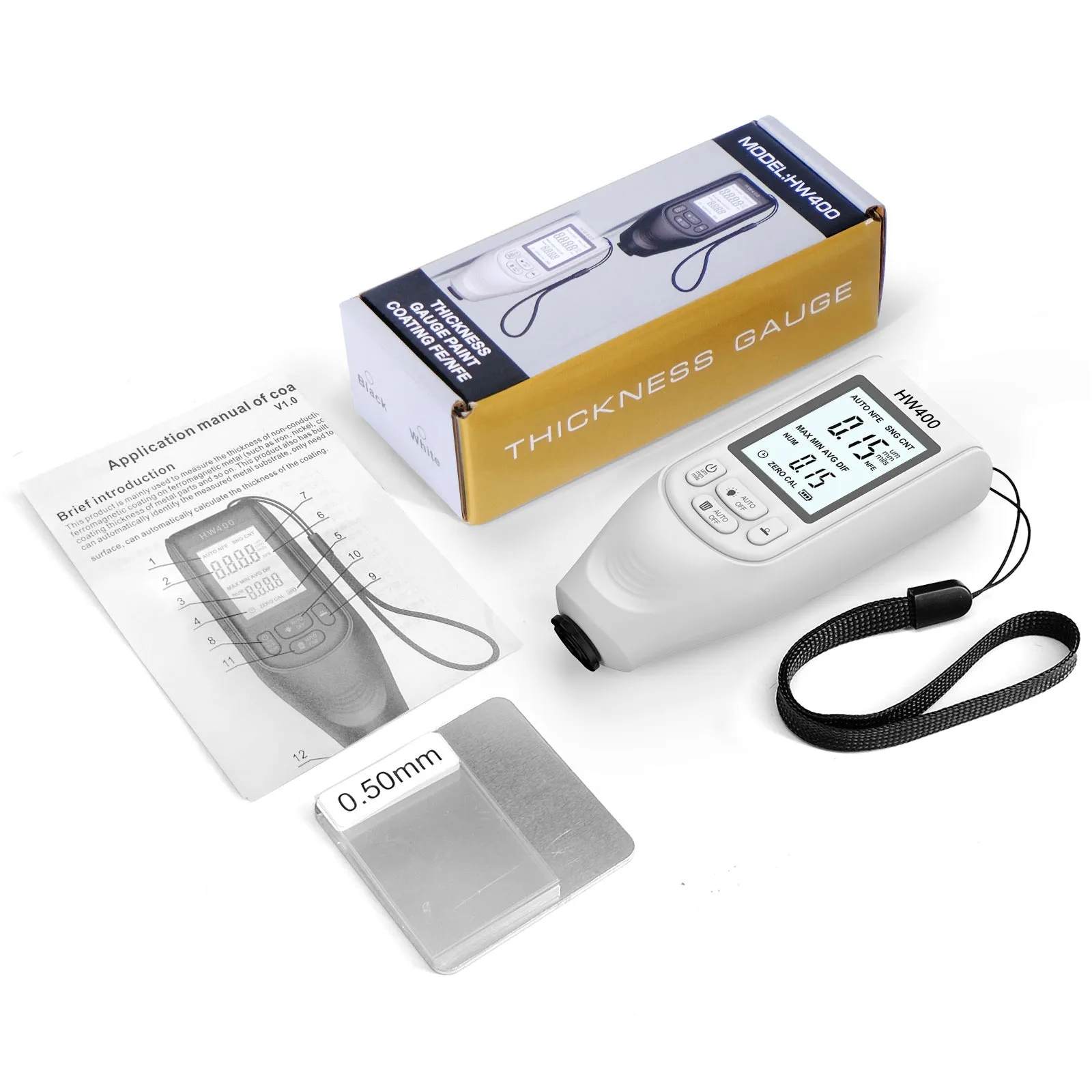 HW400 coating thickness gauge in black with digital display, measuring paint thickness on metal surface