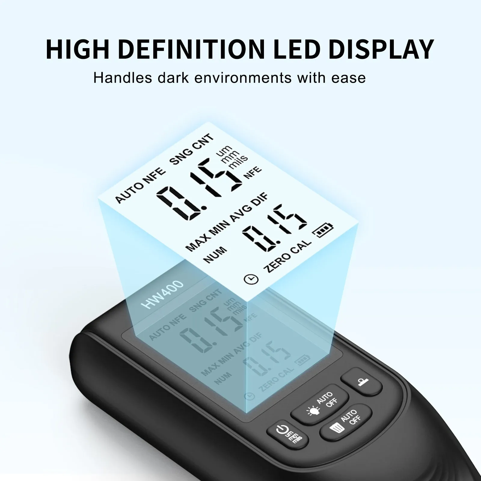 HW400 coating thickness gauge in black with digital display, measuring paint thickness on metal surface