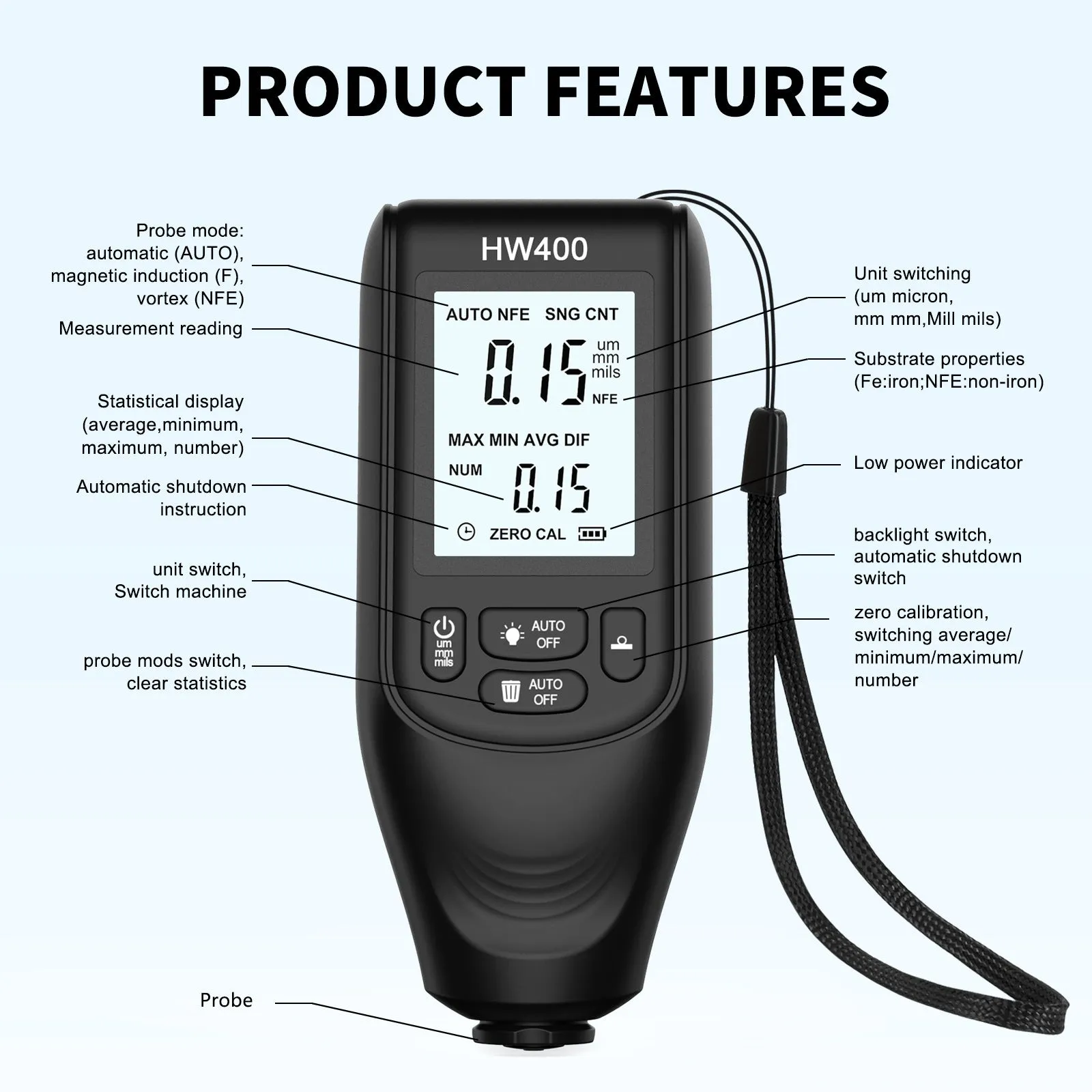 HW400 coating thickness gauge in black with digital display, measuring paint thickness on metal surface