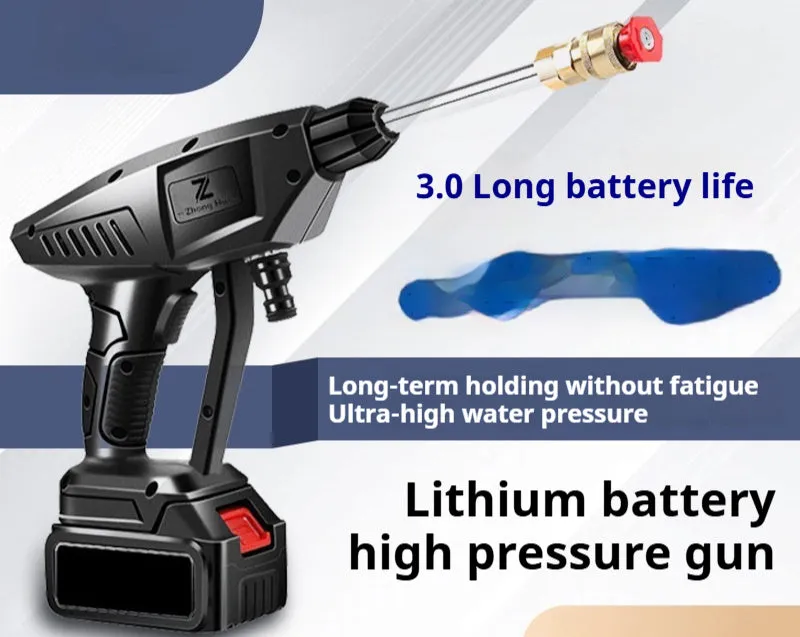 Wireless lithium battery car washing gun, red and white, with straight sector shape nozzle and plastic handle