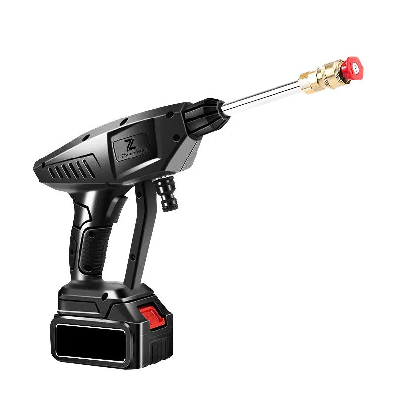 Wireless lithium battery car washing gun, red and white, with straight sector shape nozzle and plastic handle