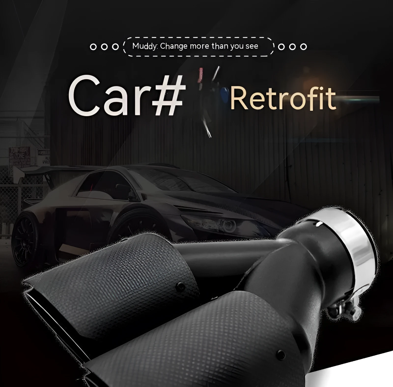 Black carbon fibre car exhaust silencer with double outlet tail pipe, 250mm vehicle modification component