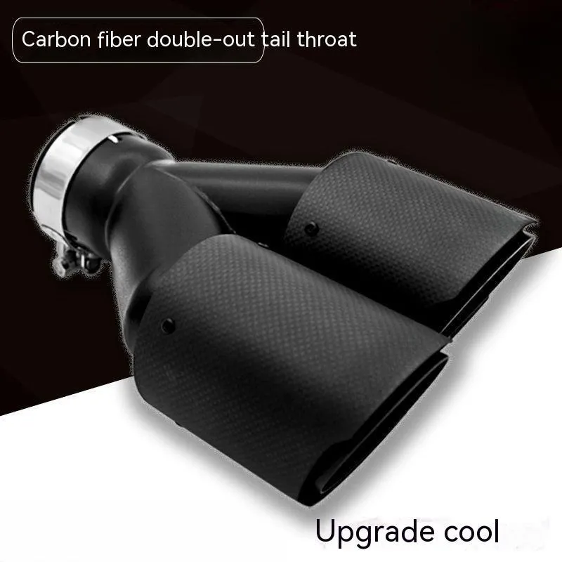 Black carbon fibre car exhaust silencer with double outlet tail pipe, 250mm vehicle modification component