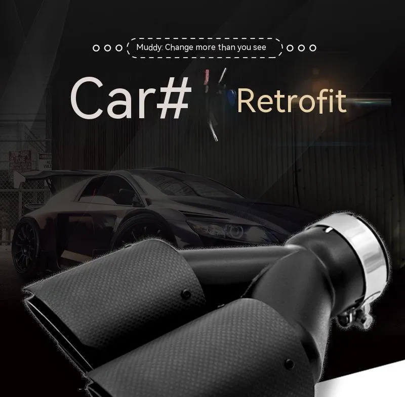Black carbon fibre car exhaust silencer with double outlet tail pipe, 250mm vehicle modification component