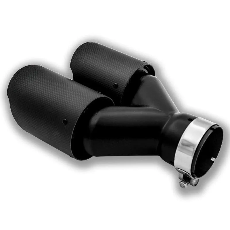 Black carbon fibre car exhaust silencer with double outlet tail pipe, 250mm vehicle modification component