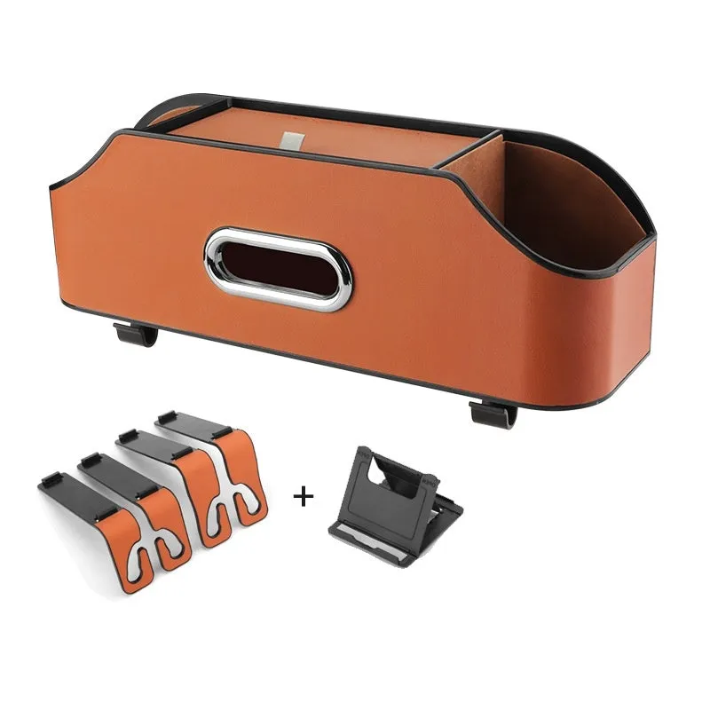 Genuine leather car tissue box organiser with integrated cup holder in five colour options.