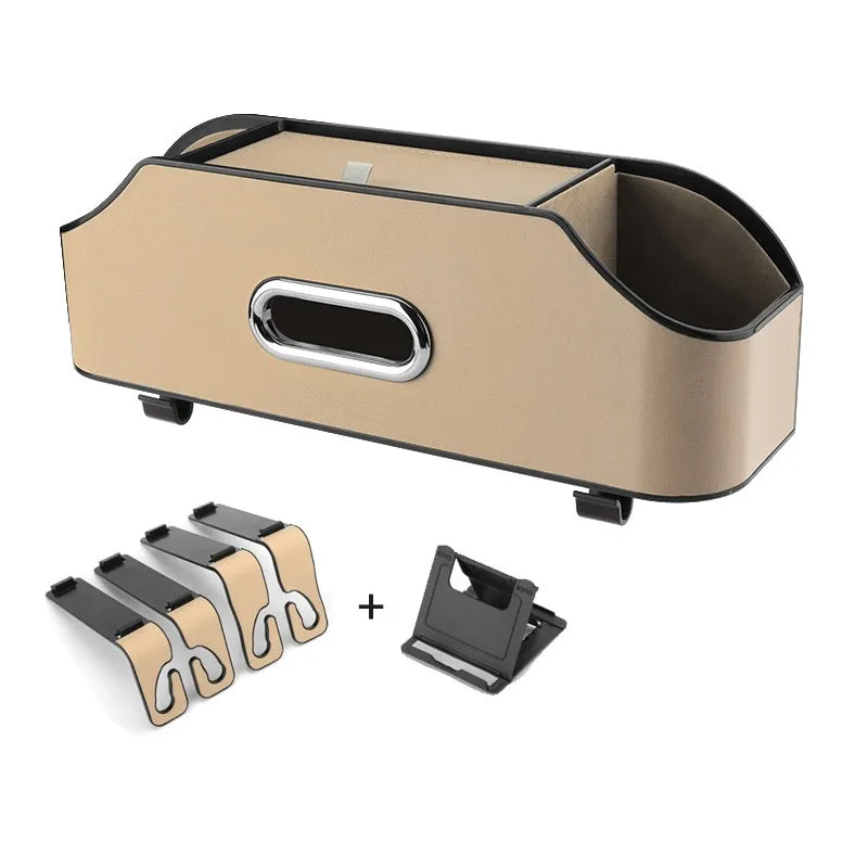 Genuine leather car tissue box organiser with integrated cup holder in five colour options.