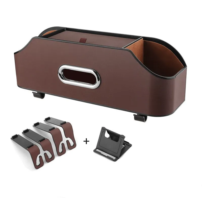 Genuine leather car tissue box organiser with integrated cup holder in five colour options.