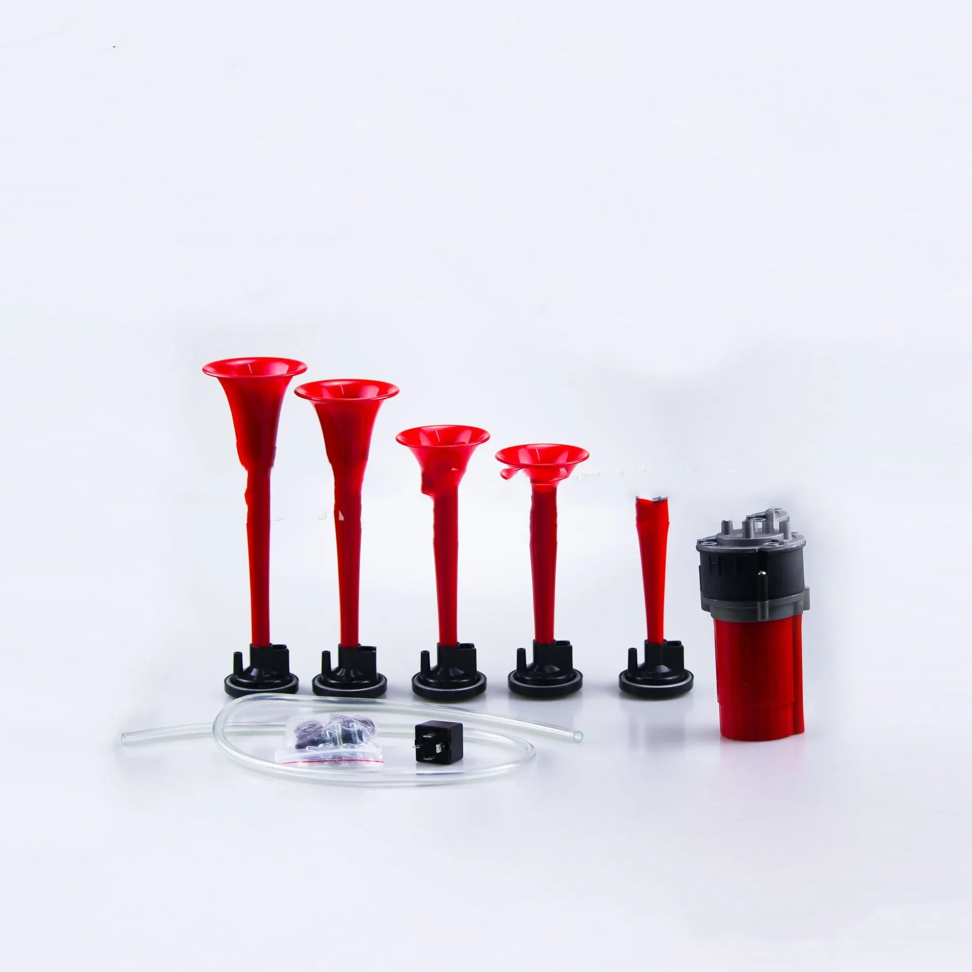 12V 5-tube music electric air horn for vehicles, available in red white and black, with solenoid valve
