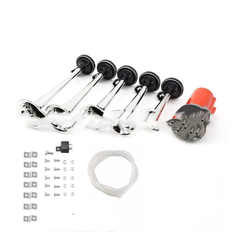 12V 5-tube music electric air horn for vehicles, available in red white and black, with solenoid valve