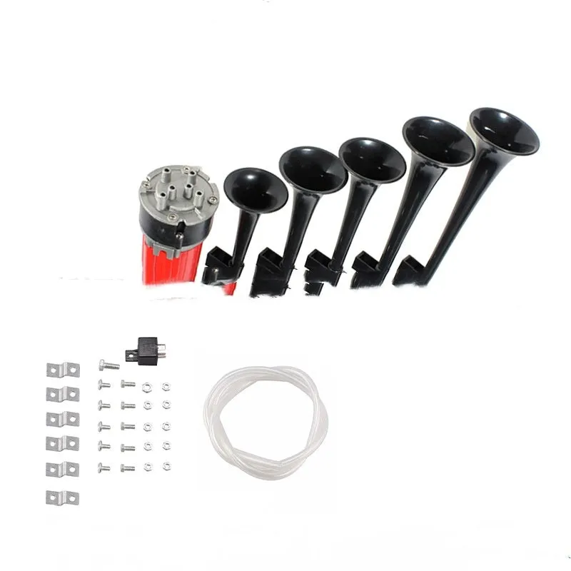 12V 5-tube music electric air horn for vehicles, available in red white and black, with solenoid valve