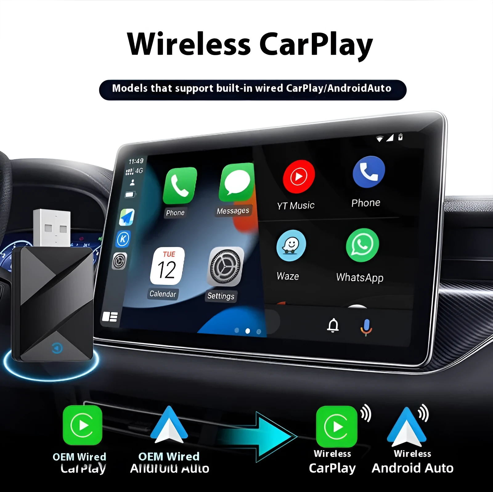 Black CarPlay wired to wireless conversion box with USB Type-C connector for universal car machines
