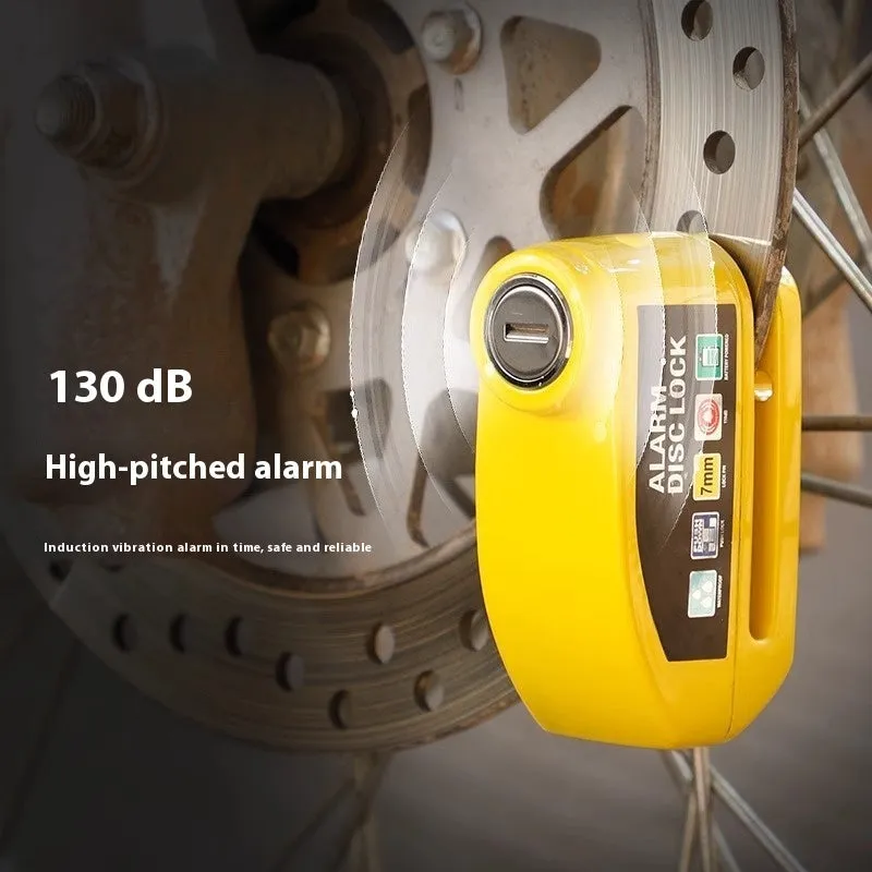 Motorcycle disc brake lock with alarm in black, showing lock and reminder rope