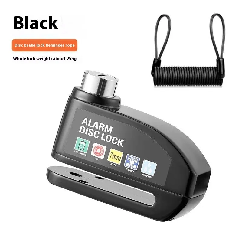 Motorcycle disc brake lock with alarm in black, showing lock and reminder rope