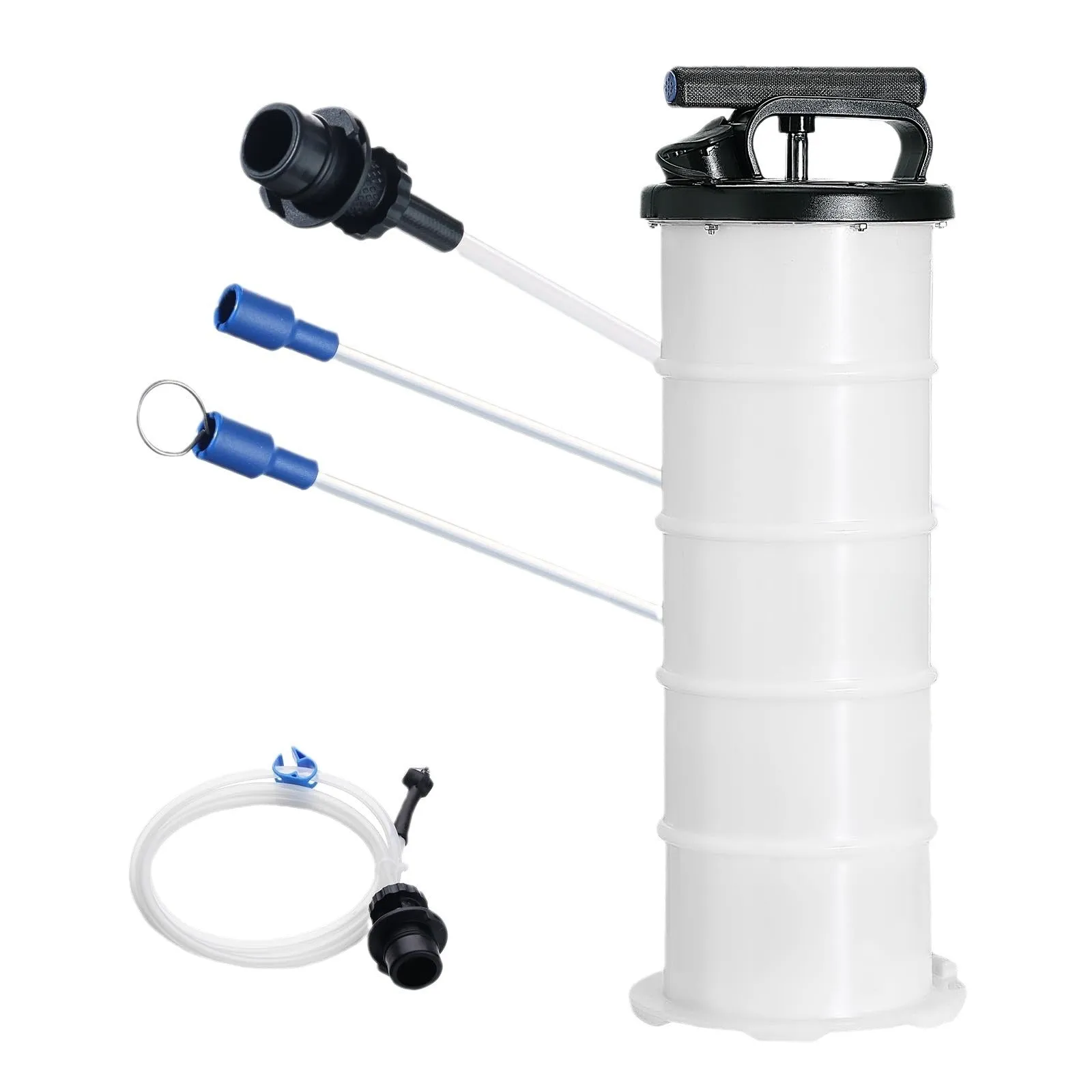 White and black portable manual oil-pumping machine with PP body, 6.5 litre capacity, and hand pump lever
