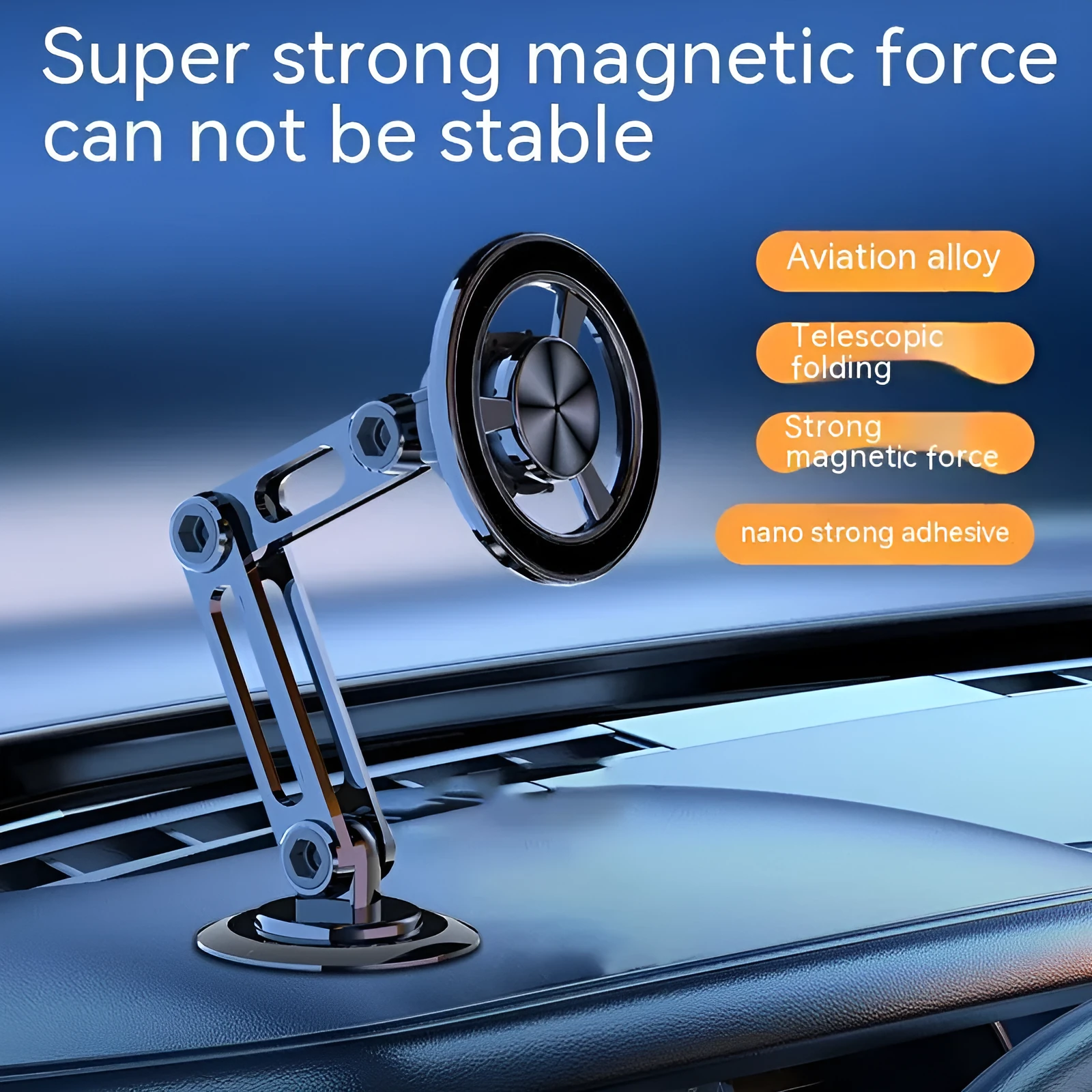 All-metal magnetic car phone holder showing 360-degree rotation mechanism and colour options