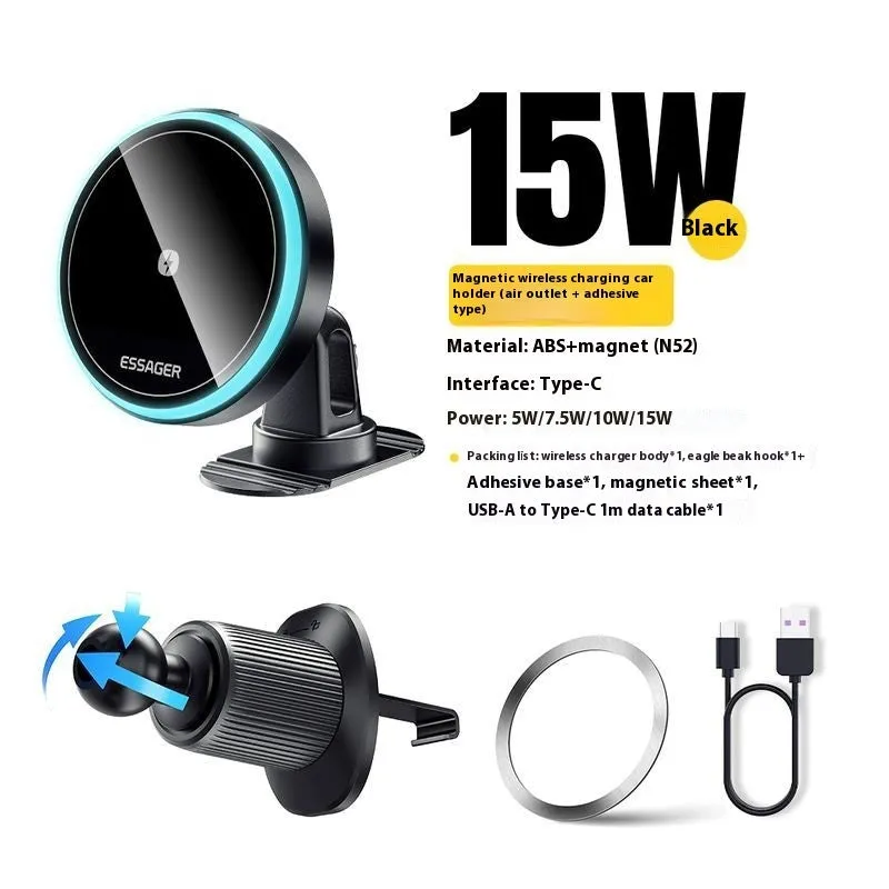 15W wireless magnetic car charger bracket black ABS universal air outlet mount for navigation