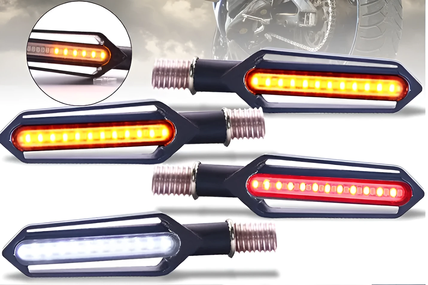Set of four motorcycle turn signal lights with word streamer mode, 10mm bolt mount, blister card packaging